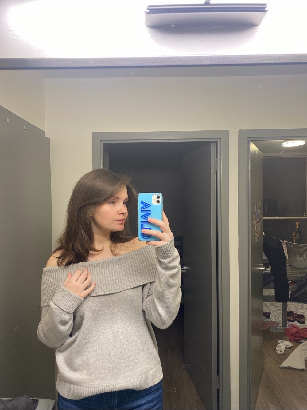 Off-Shoulder Ribbed Knit Sweater - Light Gray - Picture 2 of 3